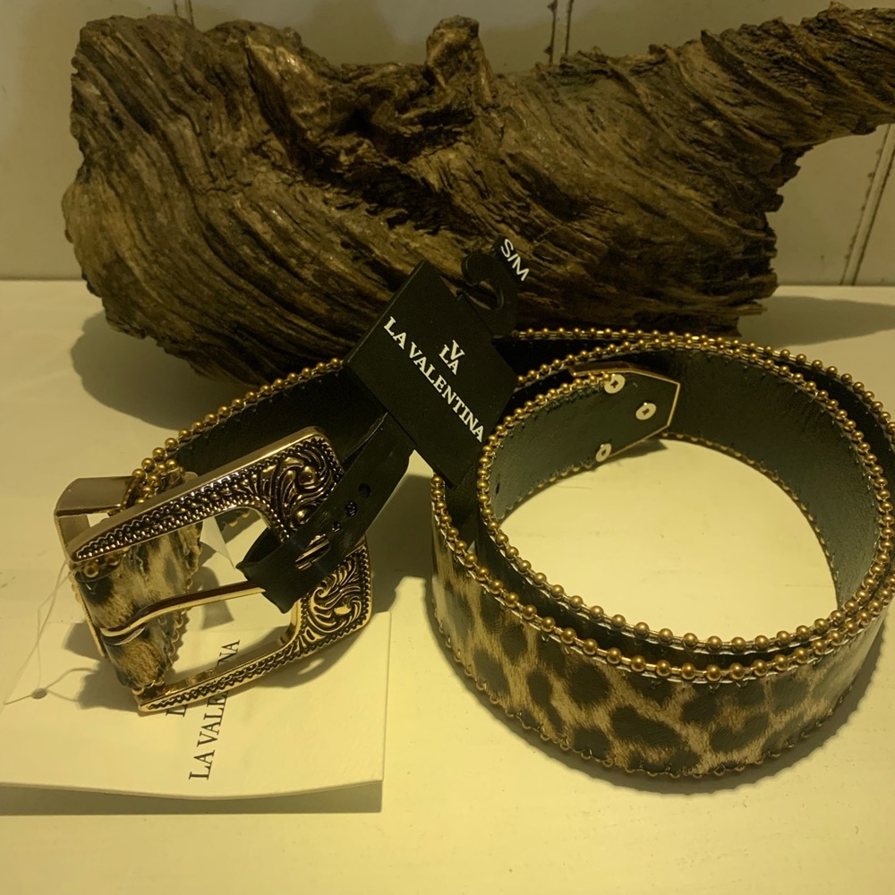 La Valentina Leopard Print Belt with Gold Beaded Trim